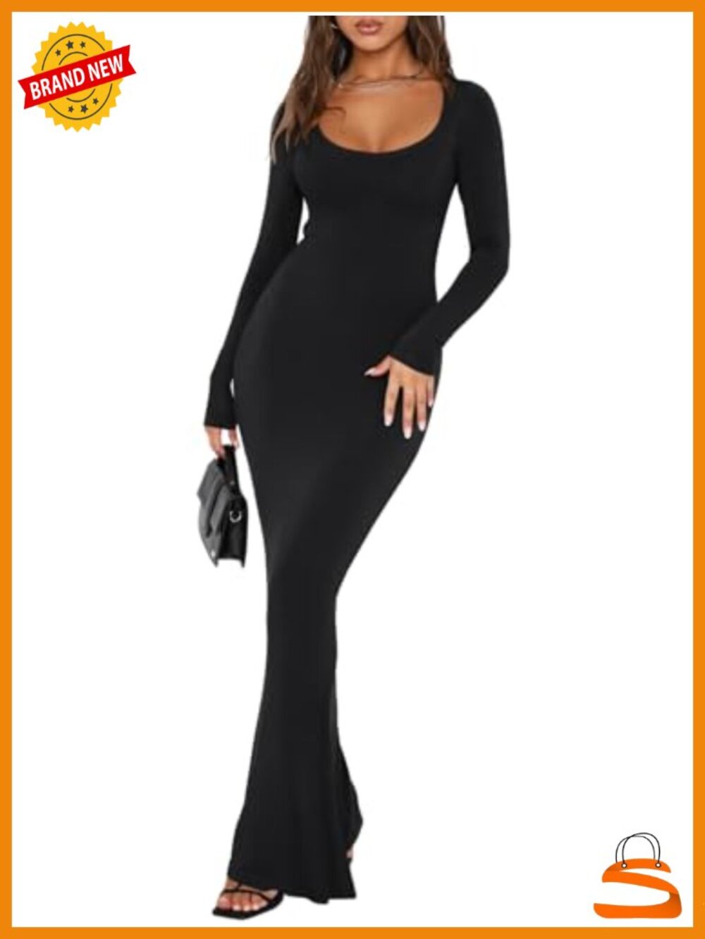 Women's Square Neck Long Sleeve Ribbed Bodycon Maxi Dress